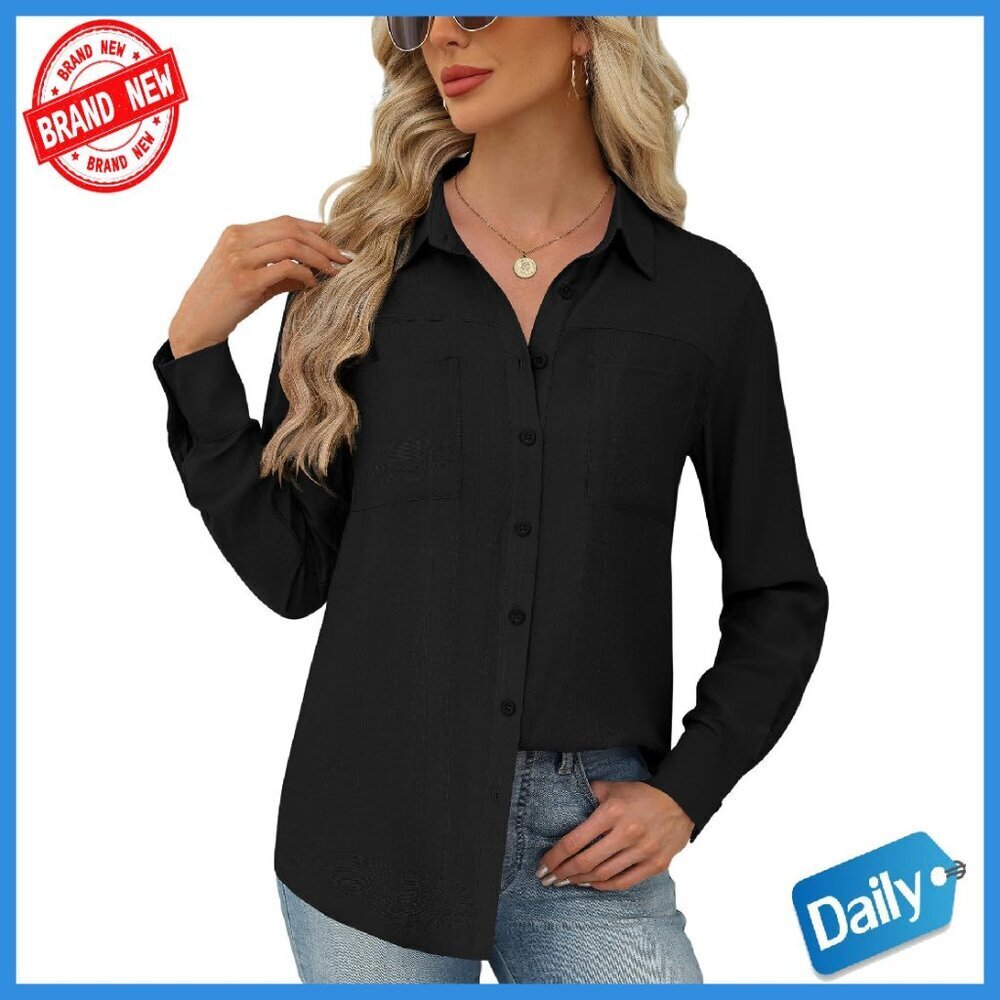 Long Sleeve Button Down Shirt Cotton Striped Blouse with Pockets